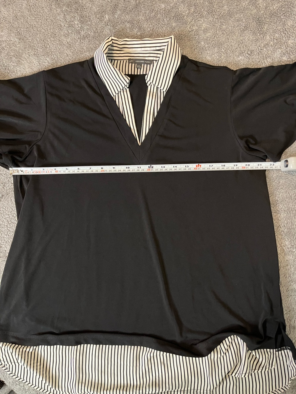 Adrianna Papell Black Layered-Look Short Sleeve Shirt White Pinstriped Collar - Picture 6 of 7
